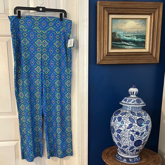 NWT Women’s Southwind Apparel Blue Multi Color Nylon & Spandex Wide Leg Pants - Picture 1 of 10